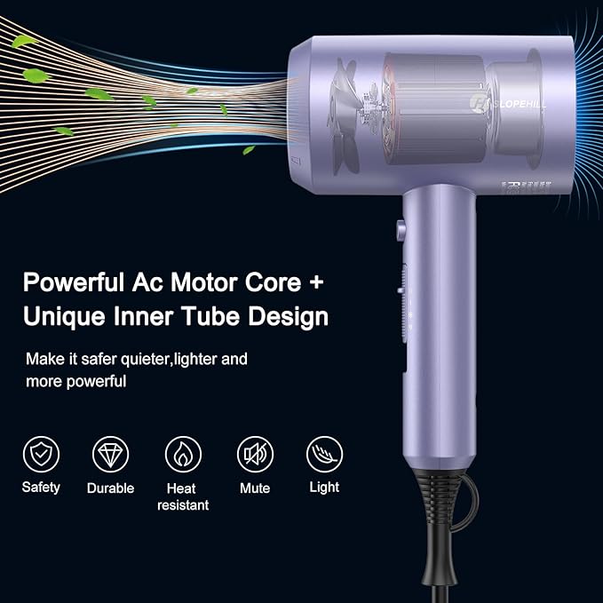 slopehill Professional Ionic Hair Dryer, Powerful 1800W Fast Drying Low Noise Blow Dryer with 2 Concentrator Nozzle 1 Diffuser Attachments for Home Salon Travel (Lavender)