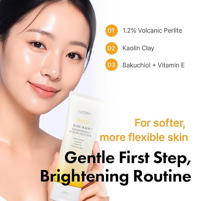 APOTHE Baku-Kaol Brightening Scrub Cleanser with Perlite, Kaolin & Bakuchiol – Gentle Exfoliating Face Wash for Radiant Skin, 3.38 fl oz (100 mL)