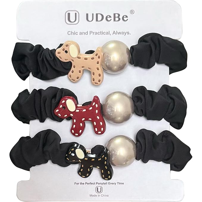 Silk Scrunchies Hair Ties 3Packs – Super Soft Thin Hair Scrunchies, Gentle on Hair, Faux Pearl & Cute Puppy Accessories Decorated Hair Accessories for Women