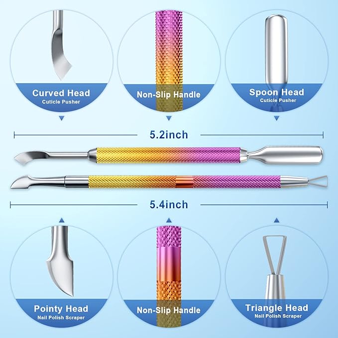 2PCS Metal Pink-Yellow Gradient Cuticle Pusher and Cutter Remover Salon Quality Stainless Steel Gel Nail Polish Peeler Scraper Durable Manicure and Pedicure Cleaner Tool For Fingernail and Toenail