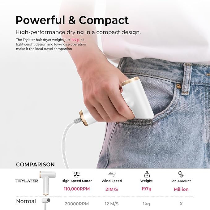 Mini Hair Dryer, 4-Temp High Speed Ionic Hair Dryer, 2-Speed Lightweight Portable Small Hair Dryers, 110,000 RPM Hair Blow Dryer Travel Blow Dryer with Self-Cleaning Styler & Advanced Protection