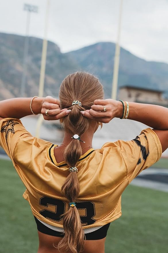 K'lani Game Day Hair Tie Bracelets – 5-Pack Stretchy No-Crease Hair Ties & Stylish Bracelets – Team Color Accessory for Hair or Wrist - Green & Yellow, Large