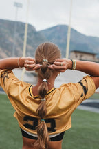 K'lani Game Day Hair Tie Bracelets – 5-Pack Stretchy No-Crease Hair Ties & Stylish Bracelets – Team Color Accessory for Hair or Wrist - Green & Yellow, Large