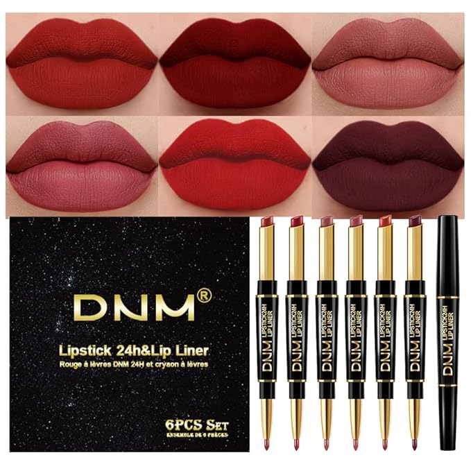 evpct 6Pcs Red Lip Liner and Lipstick Lip Stain Crayon Gift Set for Women Dark Deep Red Nude Long Lasting 24 Hour Matte Color Stay Lipstick with Lip Liner Set labiales mate 24 horas originales