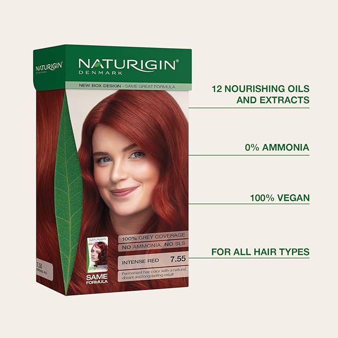 Naturigin Permanent Red Hair Dye - 7.55 Intense Red, Ammonia Free, 100% Gray Coverage, Nourishing Natural Formula, For All Hair Types, Long-Lasting, Vegan & Cruelty-Free, 1 Pack