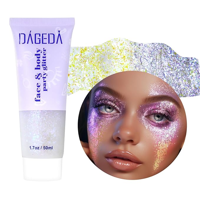 DAGEDA Body Glitter Gel, Holographic Face Glitters Body Gel Shimmer Liquid Eyeshadow, Color Changing Glitter for Face Hair Nails, Glitter Under Light Festival Glitter Makeup 1.7oz (Mystic Purple)