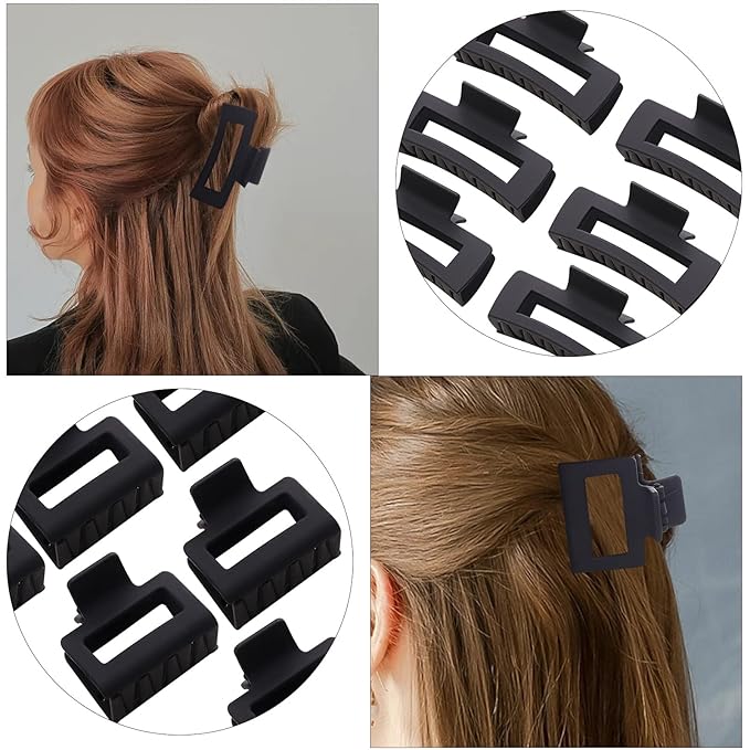 12 Pack Black Square Claw Clips, Big and Small Neutral Rectangle Hair Claw, Non-slip Matte Large Hair Clips for Women,Strong Hold jaw clip for Thick Thin Hair