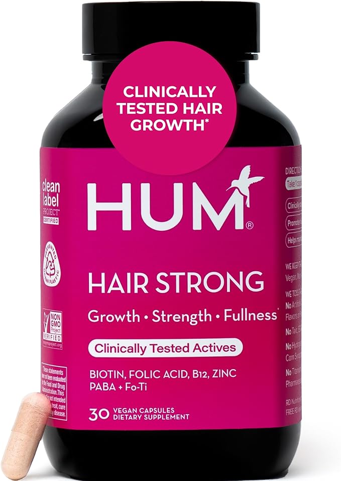 HUM Hair Strong Daily Hair Growth Supplement with Biotin, Zinc, Vitamin B12 to Support Growth, Folic Acid & Vitamin B12 Vitamins for Healthy Hair Support for Women and Men, 30 Vegan Capsules
