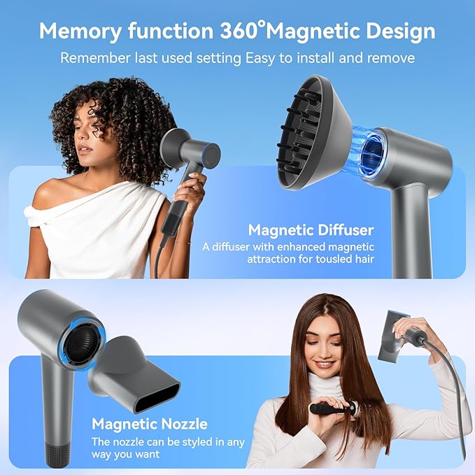 Hair Dryer,160000 RPM Ionic Hair Drye,Portable Lightweight Blow Dryer with 500 Million Negative Ions, High-Speed Hair Dryer with Magnetic Diffuser & Nozzle for Home and Travel