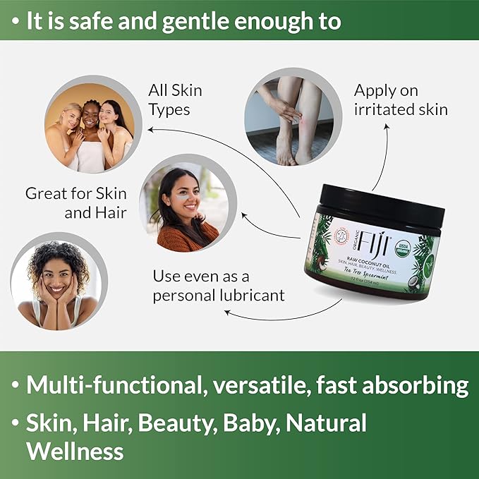 Organic Fiji Raw Cold Pressed Coconut Oil for Hair, Skin, Face & Body | Relaxing Massage Oil | Tea Tree Spearmint,12 oz for Women Men & Baby