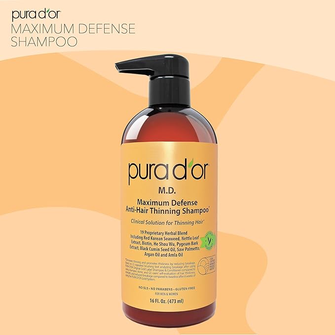 PURA D'OR 16 Oz MD Anti-Hair Thinning Maximum Defense Shampoo - 0.5% Coal Tar, Biotin, Proprietary Herbal Blend For Dry & Itchy Scalp, No Sulfates - For Men & Women