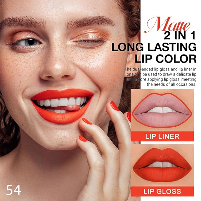 evpct 1Pcs Orange Red Matte Lip Liner & Liquid Lipstick Stain Makeup Set for Women, Orange Red Lip Liner Stain Long Lasting Waterproof Smudge Proof, Cruelty Free Lip Stick Makeup 24 hours originale 54