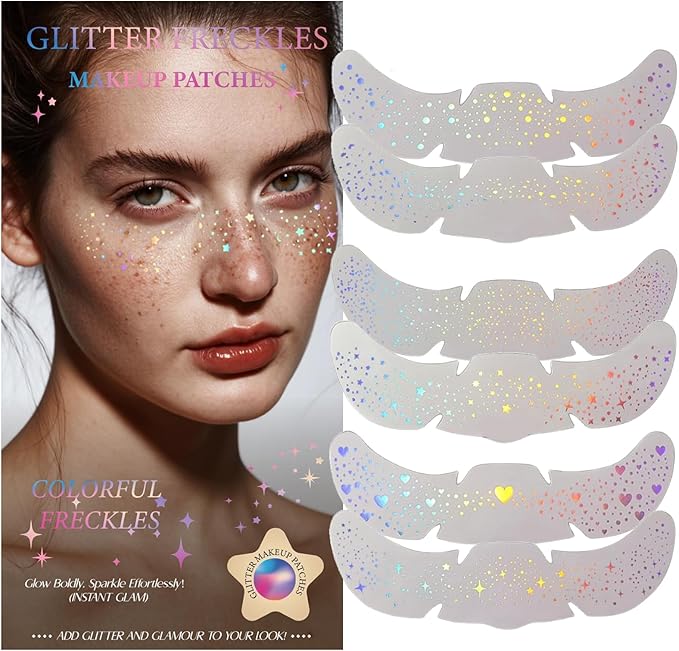Glitter Freckles, Holographic Face and Body Glitter Tattoo Sparkle for Women Gold Glow Cosmetic Star Makeup Accessories for Festival Rave (Holographic)