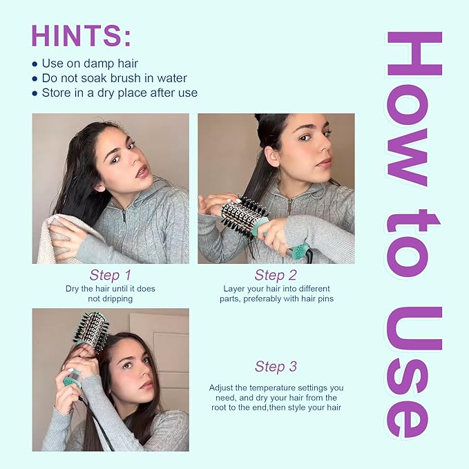 Travel Dual Voltage Hair Dryer Brush Blow Dryer Brush in One,2 Inch Hot Air Brush,Travel Hair Styler/Volumizer/Straightener/Curler,European Blow Dryer Brush with Universal Adapter