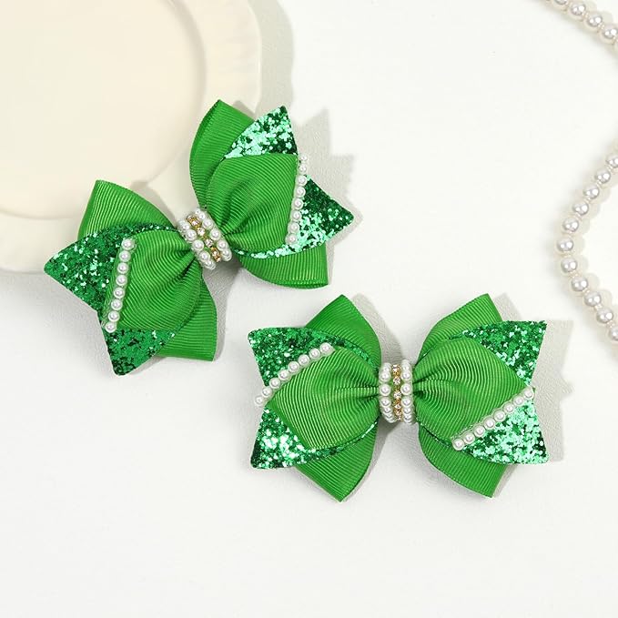 4" Sparkly Glitter Sequin Ribbon Hair Bow Clips,Pearl Wedding Boutique Alligator Barrettes Pins for Teens Toddler,Cheerleader Girls Kids Birthday Party Dress Decor Accessory (Green)