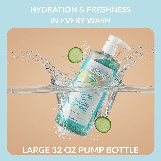 SpaScriptions Exfoliating Hyaluronic Acid Body Wash - 32 fl oz, Scented Moisturizing Body Wash with Sea Salt for Soft Glowing Skin, Gentle Natural Daily Cleanser Body Scrub, PH Balanced, Paraben Free