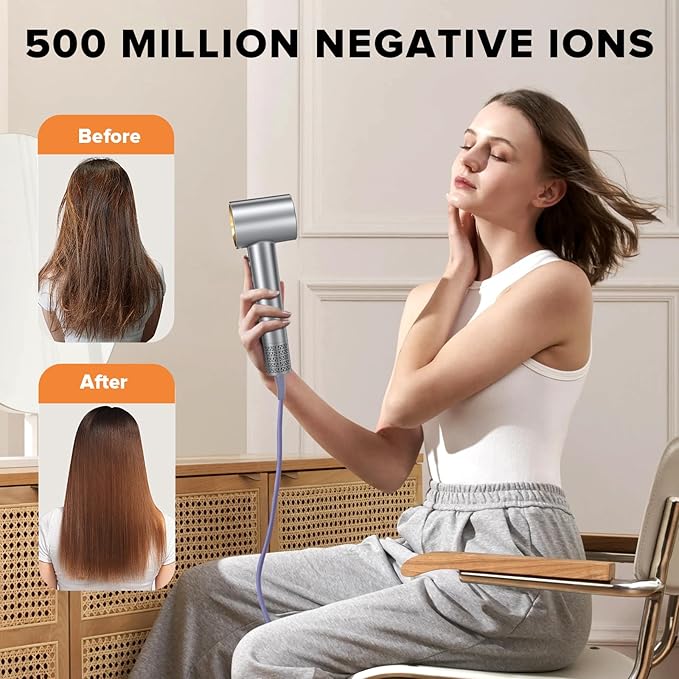 Hair Dryer, 150,000 RPM Brushless Motor, Ultra-Fast Drying with 3 Heat Settings & LED Lights, Negative Ion Technology, Quiet Lightweight Blow Dryer with Diffuser & Nozzle for Home, Salon, Travel Use