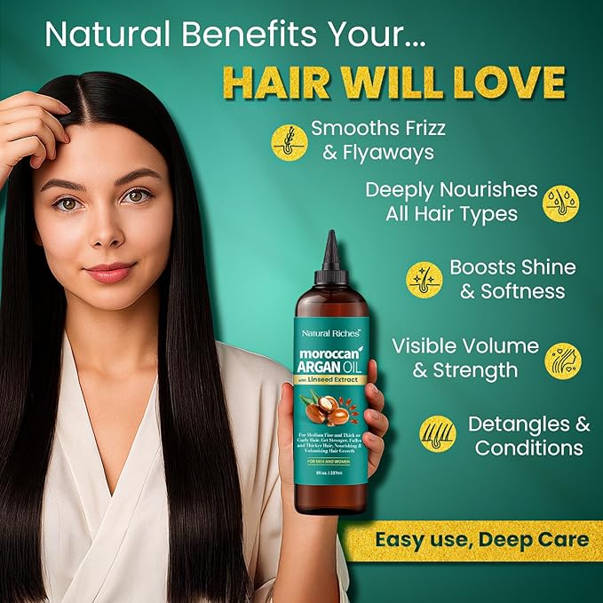 Natural Riches Moroccan Argan Oil for Hair Treatment with Linseed Extract – Smooths Frizz, Detangles, Conditions & Boosts Shine – Deep Hydration for Dry, Damaged, Curly & Color-Treated Hair – 8 fl oz