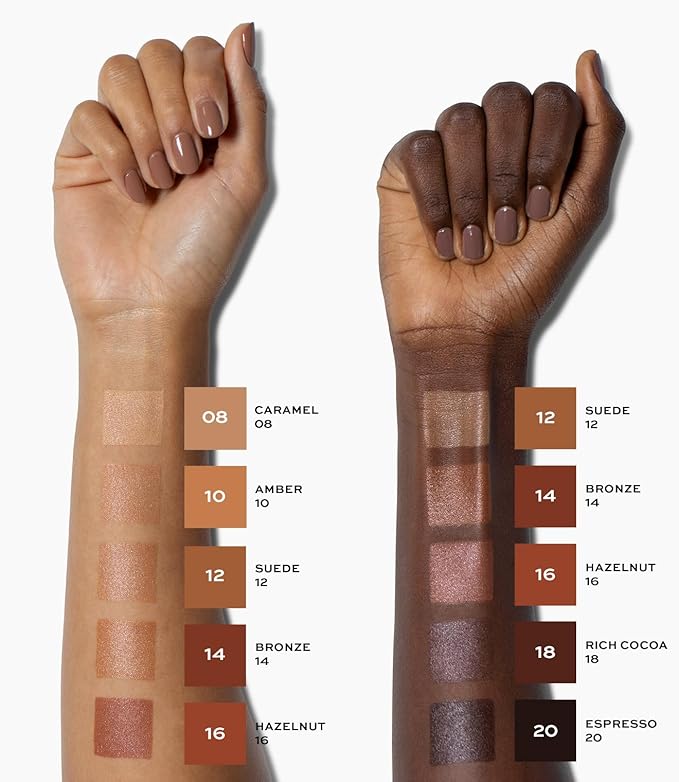 MAKE Beauty Diffusion Dew Skin Tint. Sheer to Medium Coverage Radiant Finish. Blurring, Smoothing, and Brightening for Glowing Complexion. Enhanced with Niacinamide and Adenosine. Suede 12