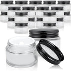 24 Pack 2oz Clear Glass Jars Small Glass Containers with Black Metal Lids Empty Cosmetic Jars with Inner Liners and Lids Clear Glass Lotion Jars with Labels for Traveling