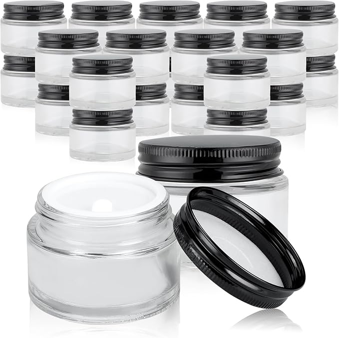 24 Pack 2oz Clear Glass Jars Small Glass Containers with Black Metal Lids Empty Cosmetic Jars with Inner Liners and Lids Clear Glass Lotion Jars with Labels for Traveling