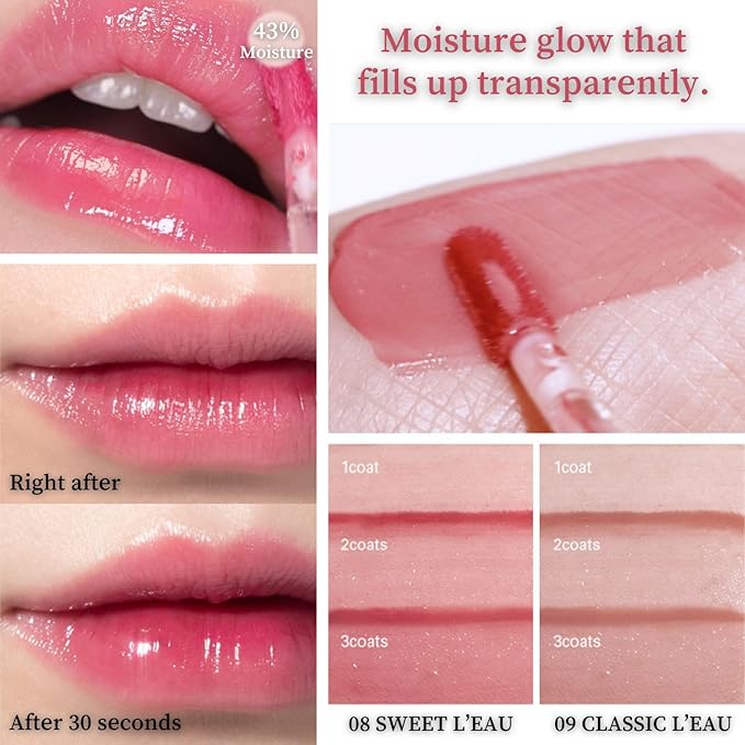 BBIA L’EAU Tint – Glossy & Glow Lip Stain Watery Lip Tint Non-Sticky High Shine Finish Long-lasting Moisturizing Lightweight Natural Daily Use Vegan Korean Makeup (08 SWEET L'EAU)