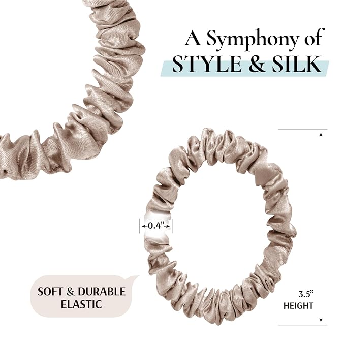 Zenssia Silk Scrunchies for Hair, 4PC Pure Mulberry Silk Hair Ties No Damage, Skinny Elastic Scrunchies for Fine & Thin Hair, Black Coffee