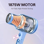 Wavytalk Hair Dryer, Blown Away Ionic Hair Dryer for Curly Hair with Diffuser, 1875W Fast Drying Blow Dryer with Ceramic Technology, 3 Attachments for All Hair Types, Light and Quiet, Light Blue