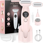 3 in 1 Bikini Trimmer for Women, Electric Razors for Women with Display, Painless Bikini Trimmer, USB Charging, Electric Shaver for Woman,Shaver for Woman for Face, IPX7 Waterproof,Shell Pink