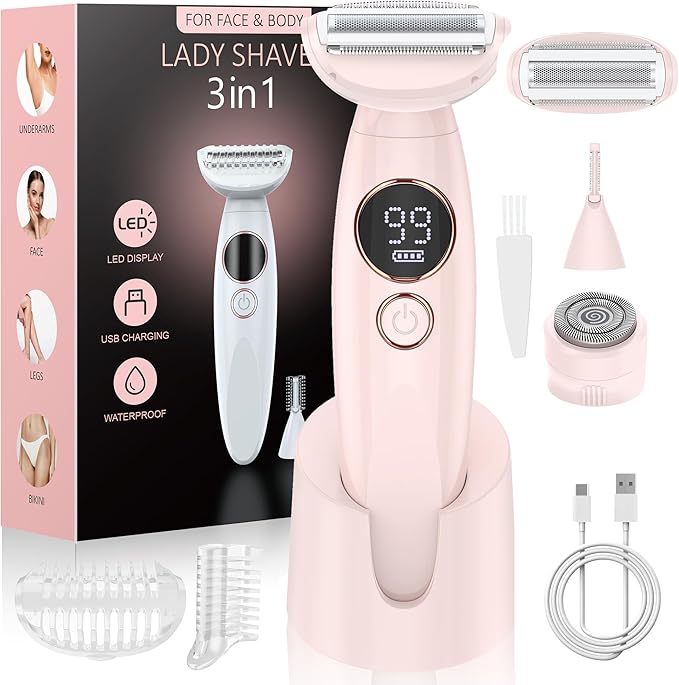 3 in 1 Bikini Trimmer for Women, Electric Razors for Women with Display, Painless Bikini Trimmer, USB Charging, Electric Shaver for Woman,Shaver for Woman for Face, IPX7 Waterproof,Shell Pink