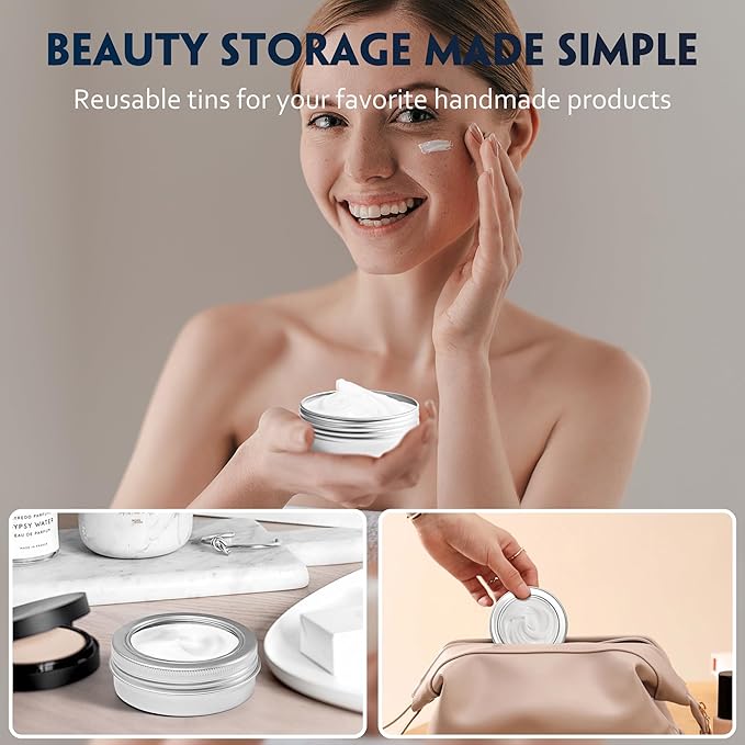 24 Pack 2 Ounce Screw Top Aluminum Tin Jar with Screw Clear Lid and Blank Labels, Refillable 60ml Metal Containers for Lip Balms, Candles, Salves, Spices, Crafts (Silver)