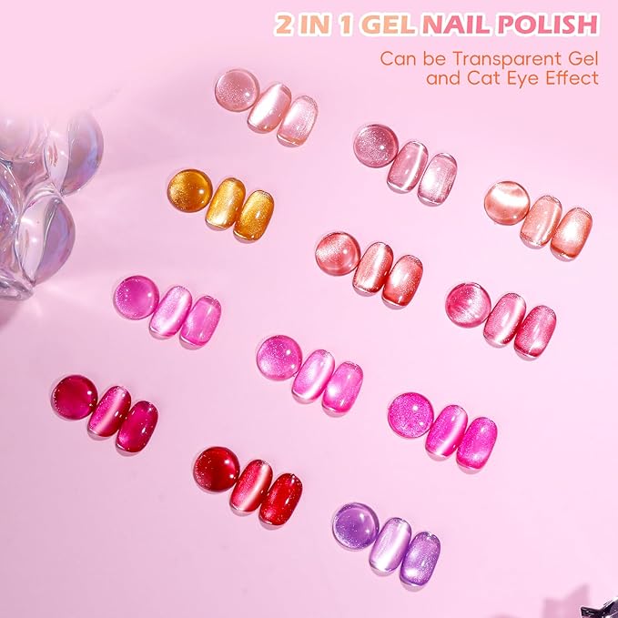 Clara Colors Magnetic Nail Polish, 12 Colors Pink Red Purple Brown Holographic Cat Eye Gel Nail Polish Set with Magnets Black White Base Top Coat Gel Soak Off Led Nail Art Manicure Salon DIY Gifts