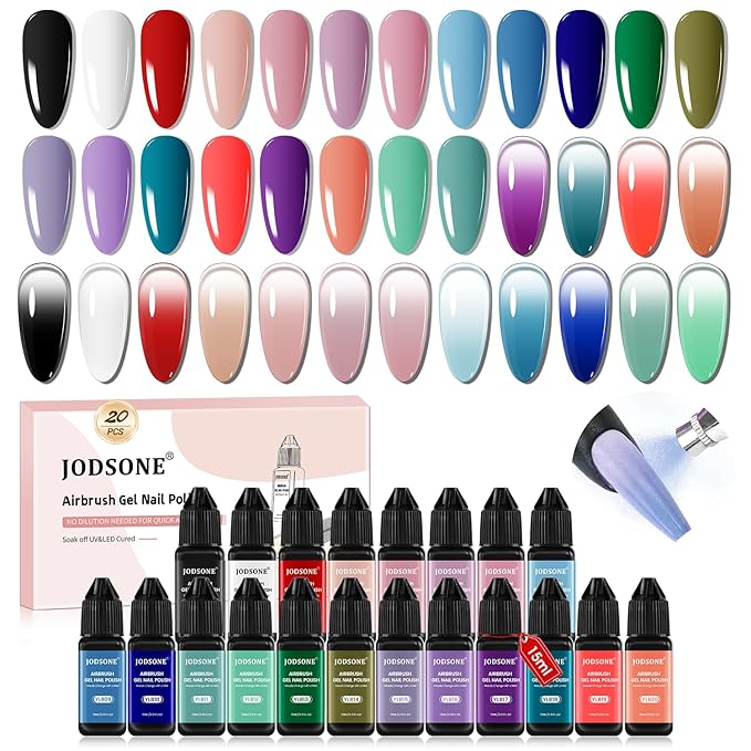JODSONE 20 Colors Airbrush Gel Nail Polish Set for Nail Gradients No Dilution Gel Nail Polish DIY Various Patterns Nail Art, Girls Holiday Gifts