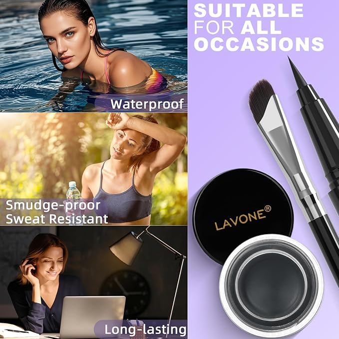 LAVONE Eyeliner Set - Waterproof Makeup Kit with Liquid Eye Liner Pencil, Gel Eyeliner and Angled Eye Liner Brush, Waterproof, Smudge Resistant, Long Lasting Formula - Granite