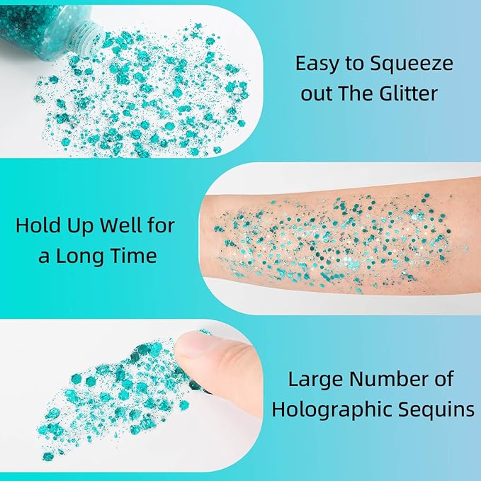 MEICOLY Teal Body Glitter,Mermaid Face Glitter Gel for Halloween Face Paint,Dazzle Green Chunky Glitter for Face Body Eye Lip Hair,Sparkling Holographic Gel Glitter Makeup for Women and Kids