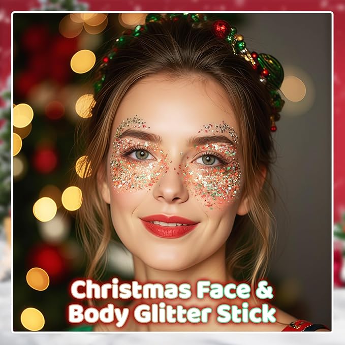 DAGEDA Christmas Body Glitter Stick,Sparkly Face Glitter Makeup,Christmas Hair Accessories Rave Outfits for Women, Green Silver Red Glitters Shimmer Face Paint Stick Singer Concert Accessories
