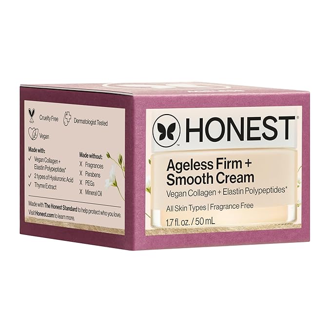 Honest Beauty Ageless Firm and Smooth Cream, Powered by Vegan Collagen Elastin Polypeptides, Firmer Smoother Looking Skin, Fragrance Free, EWG Verified, Cruelty-Free, 1.7 fl oz