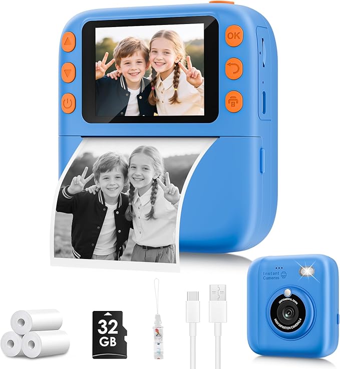 Instant Print Camera for Kids, Christmas Birthday Gifts for Girls Boys, 1080P Instant Digital Print Cameras for Toddler,Portable Toy for 4 5 6 7 8 9 10 Year Old Girl with 32GB SD Card，Blue