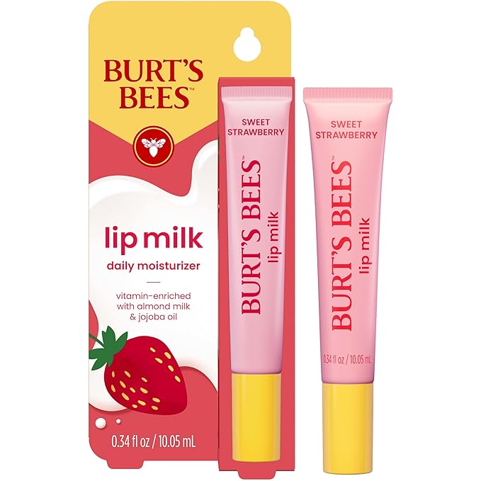 Burt’s Bees Stocking Stuffers, Lip Milk, Daily Lip Moisturizer, Sweet Strawberry, Vitamin Enriched Moisturizing Lip Balm with Almond Milk and Jojoba Oil, Hydrating for Softer Lips, 1 Tube, 0.34 Fl Oz