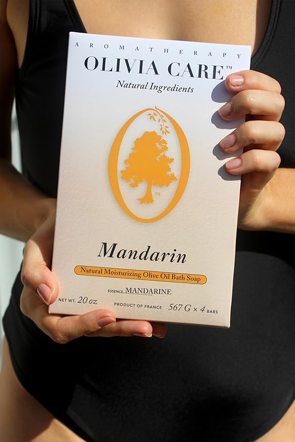 Olivia Care Bath & Body Bar Mandarin Soap 4 Pack Gift Box Organic, Vegan & Natural Contains Olive Oil Repairs, Hydrates, Moisturizes & Deep Cleans Good for Sensitive Dry Skin Made in USA