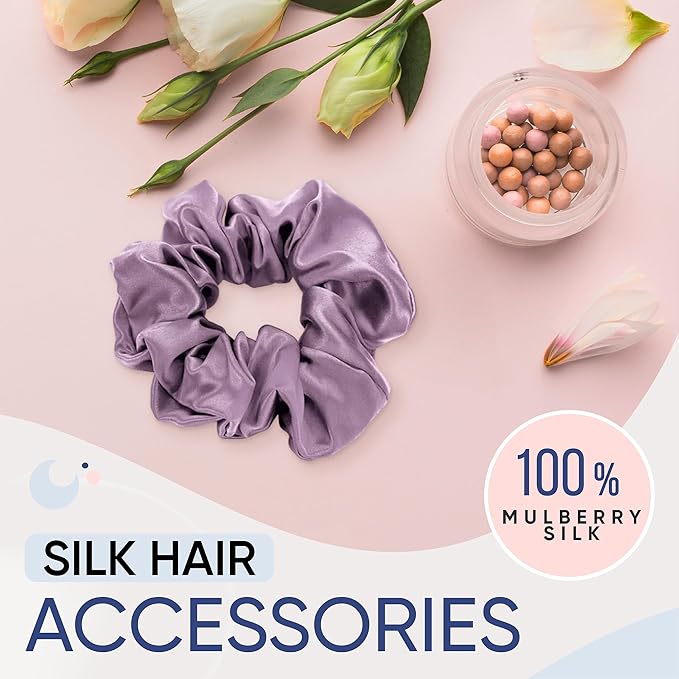 Blissy Silk Scrunchies (3 Pack) - 100% Pure Mulberry Silk - 22 Momme 6A High-Grade Fibers Scrunchie for Straight & Curly Hair - Preventing Breakage, Tangling, & Creasing (Lavender Regular)