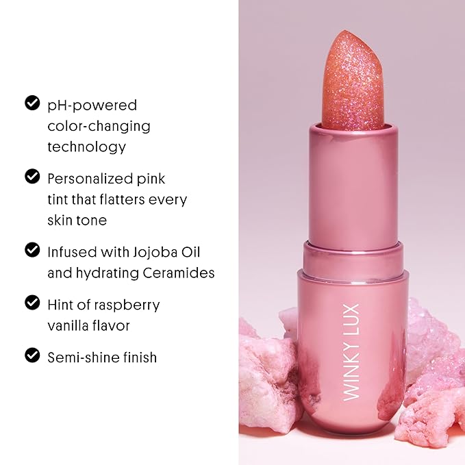 Winky Lux Pink Opal Glimmer Balm – Nourishing pH Lip Balm with Color Changing Pink Tint with Shimmer, Hydrating Ceramides Soften Lips, Raspberry Vanilla Scent