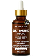 Hydrating Self Tanning Drops – MEDIUM/DARK – Face & Body Glow with DHA, Hyaluronic Acid, Niacinamide – Buildable, Streak Free Tan – MYSTERE BEAUTE – 1 fl oz