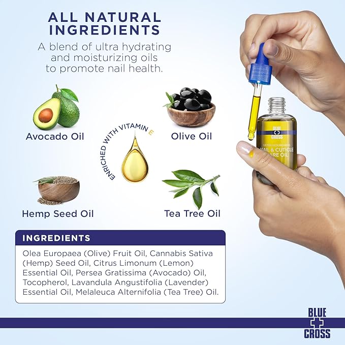 Blue Cross Nail & Cuticle Care Oil, Mineral Oil Free, Hydrating, Moisturizing, All Natural Professional Nail + Cuticle Care, Lemongrass/Lavender Scented Essential Oils, Made in USA, 1 floz/30mL