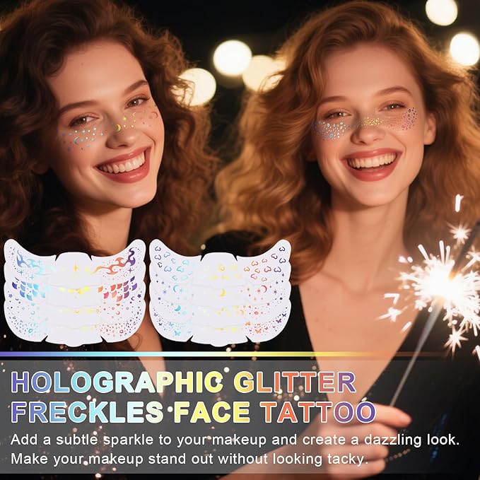 8 Pcs Holographic Multicolor Glitter Freckles Face Tattoo, Glow Up Cosmetic Glitter for Face, Sparkle Makeup Patches, Waterproof Face Speckles for Christmas (8PcsG Holographic Multicolor)