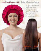 100% Mulberry Silk Bonnet for Sleeping Women, Real Pure Silk Bonnets, Double Layer Sleep Cap with Elastic Band for Curly Hair