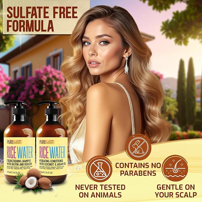 Rice Water Shampoo and Conditioner Set - Sulfate Free Formula for Fine Hair Women and Men - Volumizing and Thickening Formula for Thinning Strands - 16 Fl Oz (Set of 2)