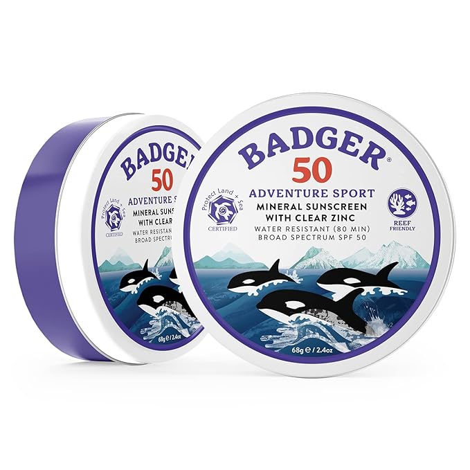 Badger Biodegradable Reef Safe Sunscreen, SPF 50 Mineral Sunscreen, 98% Organic Ingredients, Unscented, Water Resistant Adventure Sport Sun Cream, Travel Size 2.4 oz Tin, 2-Pack