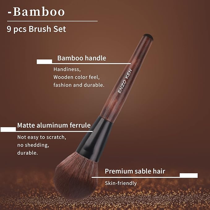 Bamboo Makeup Brushes Set Professional, Sable Makeup Brush Set with Case by Luxury ENZO KEN, Cosmetic Brushes Makeup Set, Make up Brushes Set Professional, Natural Hair Makeup Brush Set Professional.
