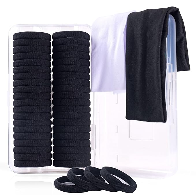 40PCS Black Hair Ties No Damage for Thick Hair & Hair Bands for Women's Hair,Ponytail Holders & Nylon Hair Ties for Women Set (2in Black)